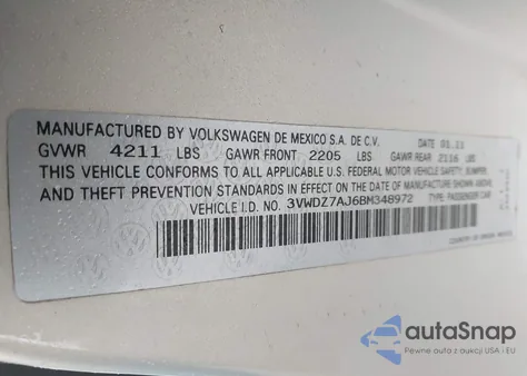 2011 Volkswagen Jetta 2.5L Se z USA, uszkodzony, nr VIN 3VWDZ7AJ6BM348972